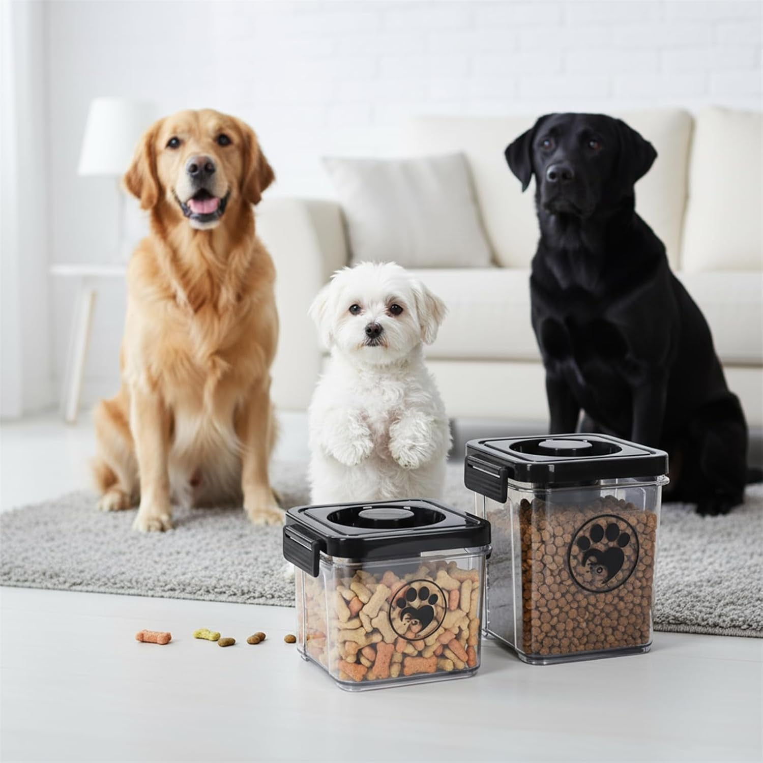 Dog Treat Container, Dog Food Storage with 2 Jars, Airtight Pet Treat Storage with Lids,Small Pet Food Container, Puppy Treats Bin for Kitchen Counter,Freshness Seal-Clear, Rectangle