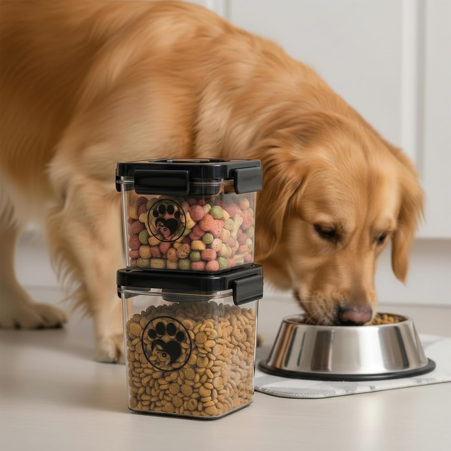 Dog Treat Container, Dog Food Storage with 2 Jars, Airtight Pet Treat Storage with Lids,Small Pet Food Container, Puppy Treats Bin for Kitchen Counter,Freshness Seal-Clear, Rectangle